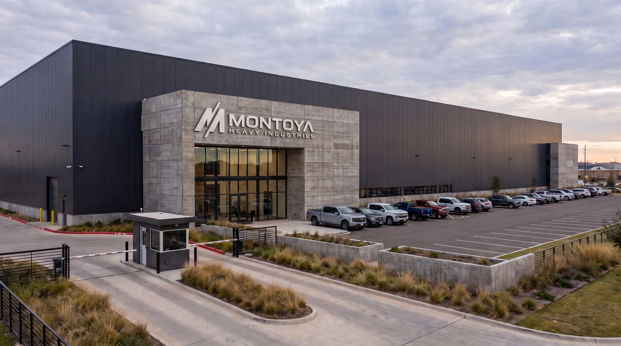 Imagen conceptual de un edificio de Montoya Heavy Industries al atardecer, con el logotipo en un muro de concreto en la entrada.