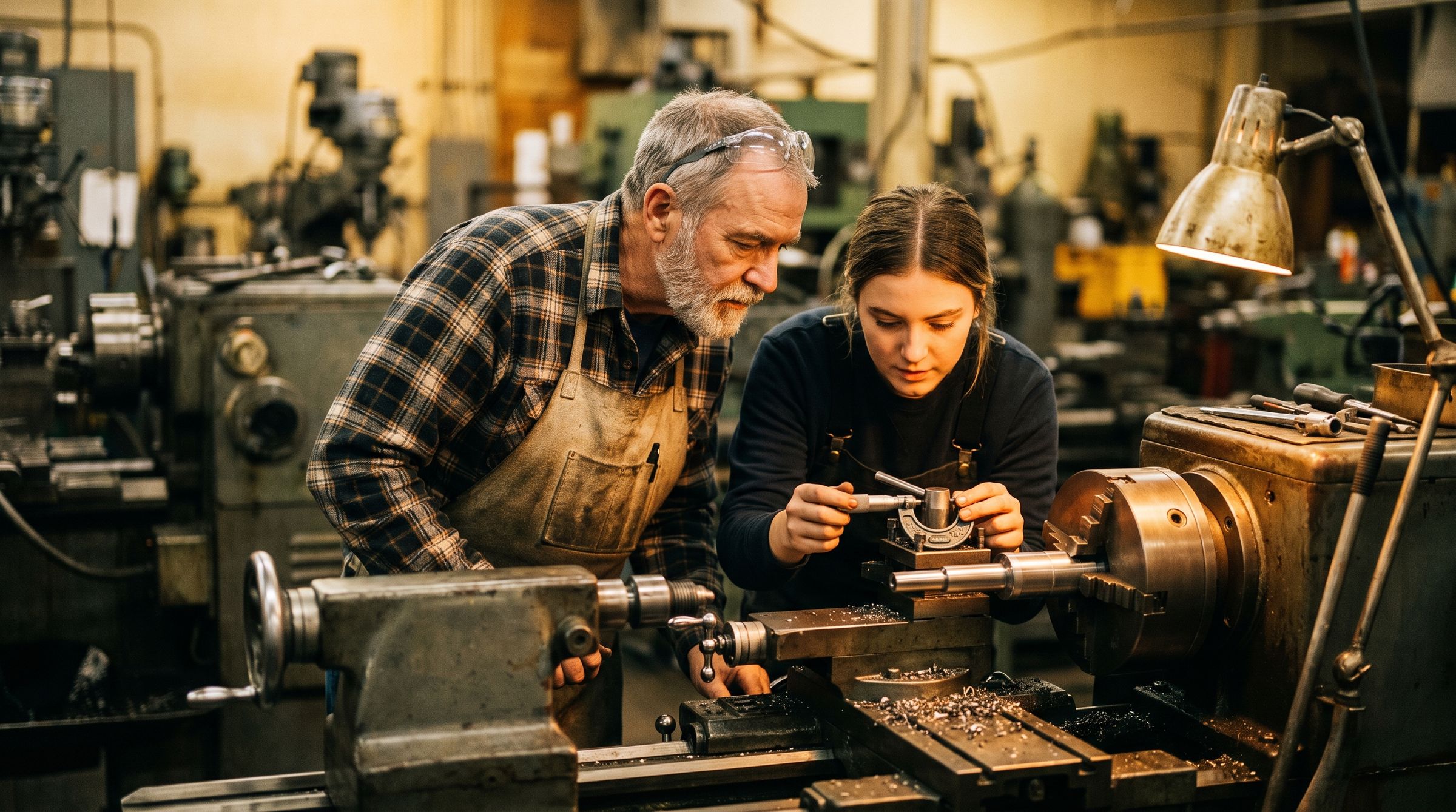A veteran machinist shows an apprentice how to measure a part at a manual lathe.