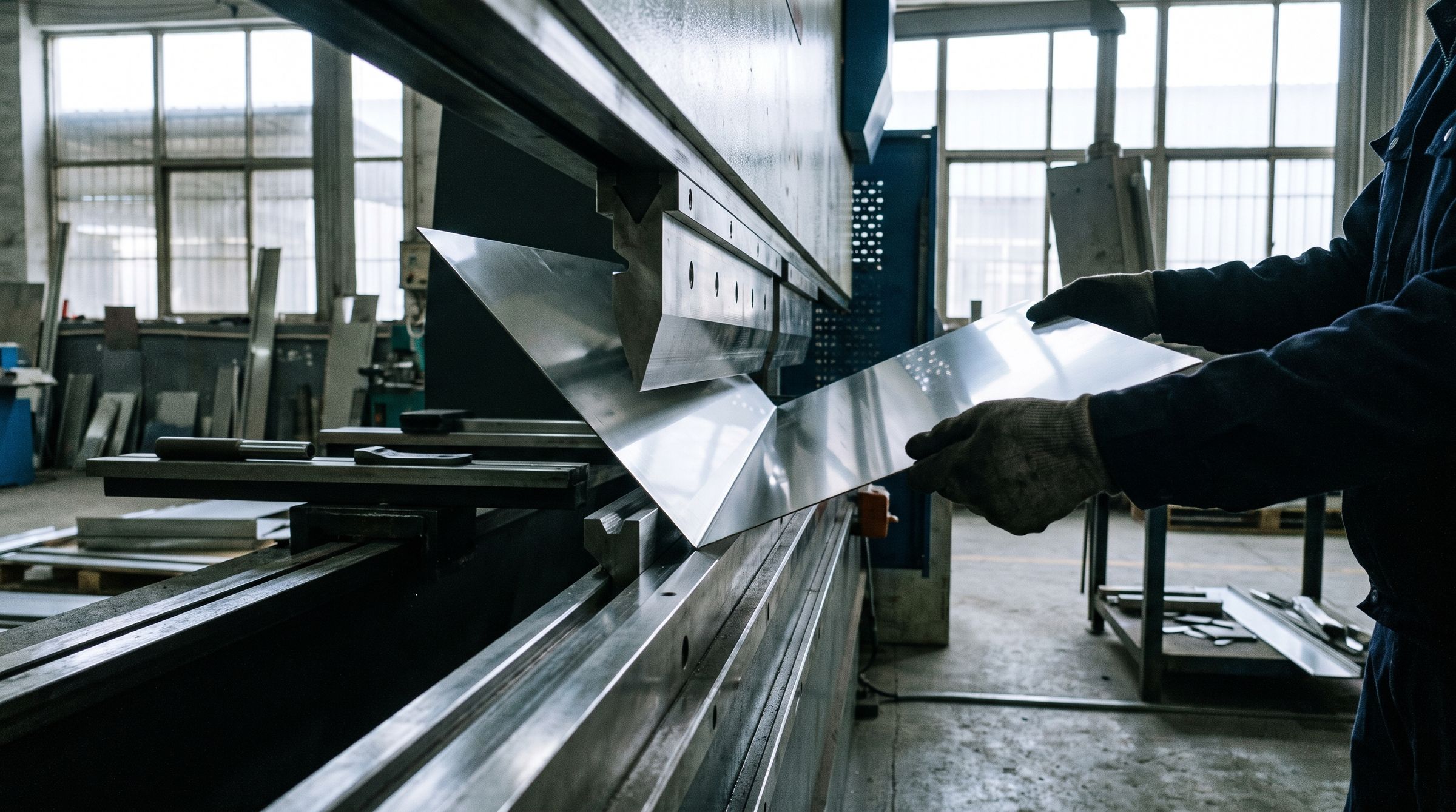 A press brake bending a sheet of stainless steel.
