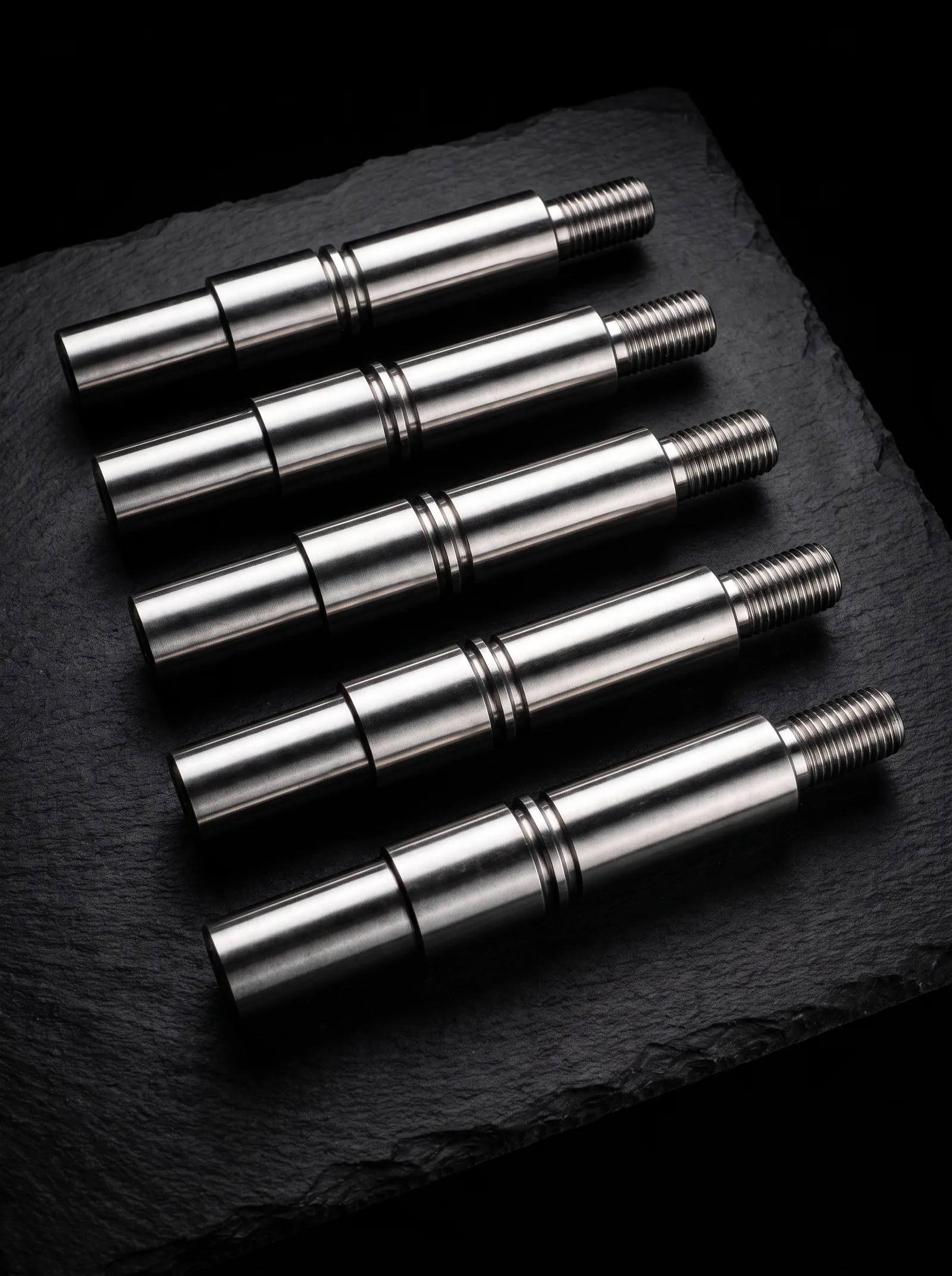Flechas de acero inoxidable torneadas en CNC y pernos roscados, en fila.