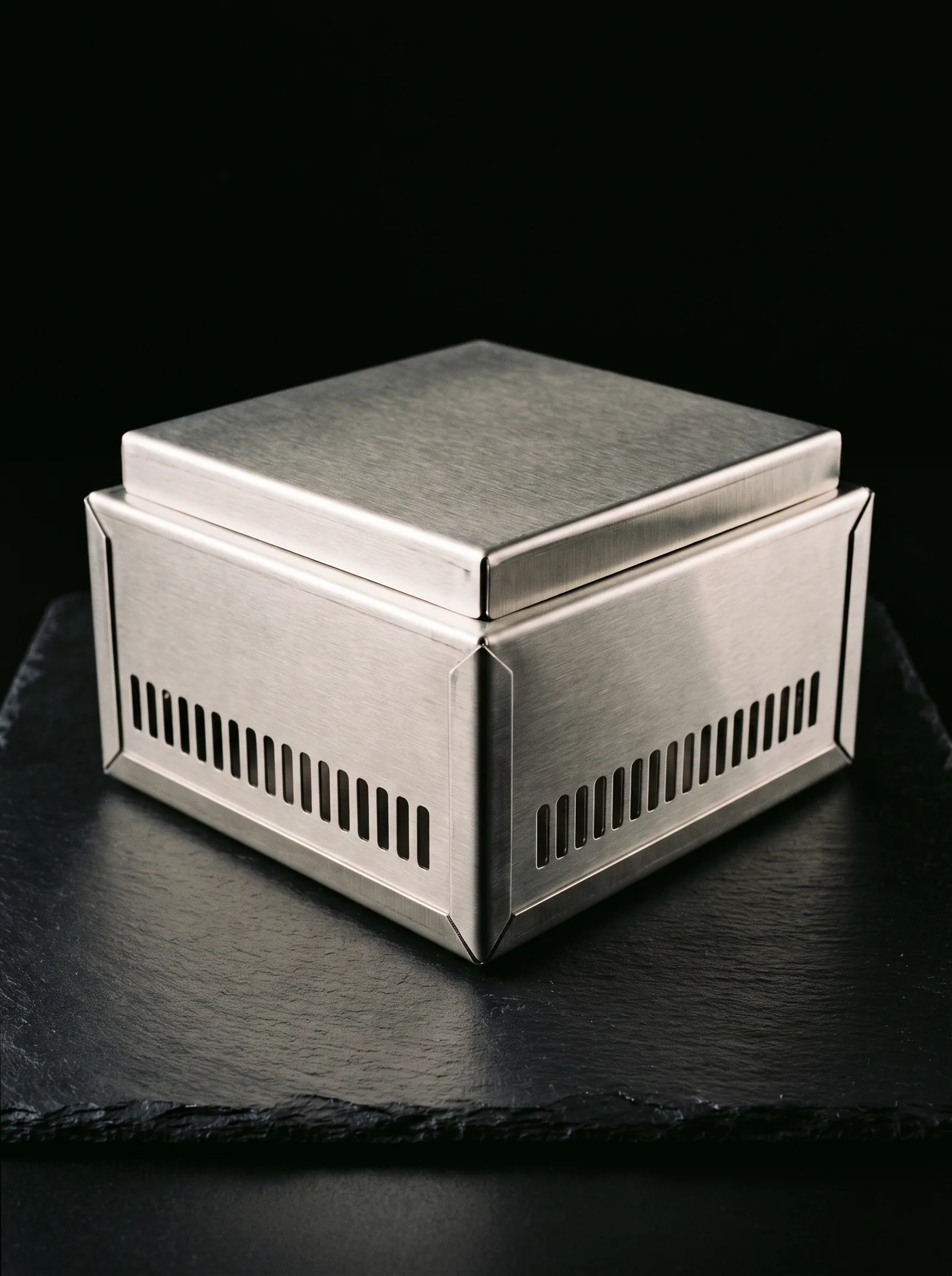 Un gabinete de acero inoxidable formado, con dobleces limpios y ranuras de ventilación troqueladas.