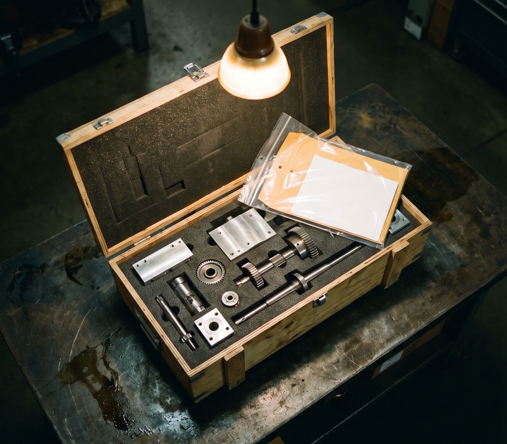 Precision-machined parts packed in a foam-lined wooden shipping crate.