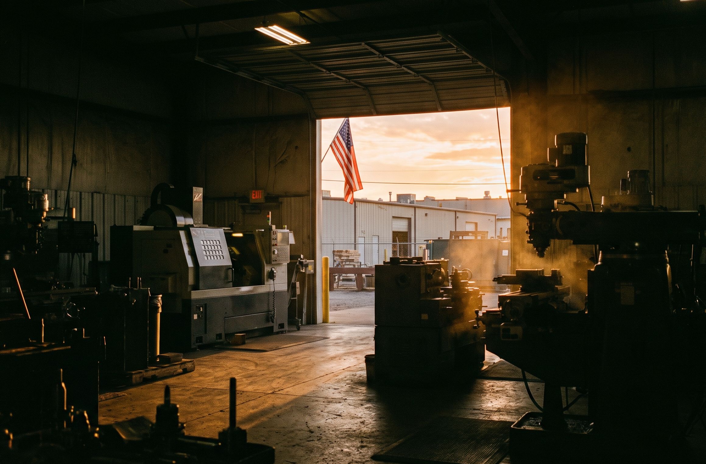 Sunrise light pouring through the open door of a machine shop, an American flag just inside.