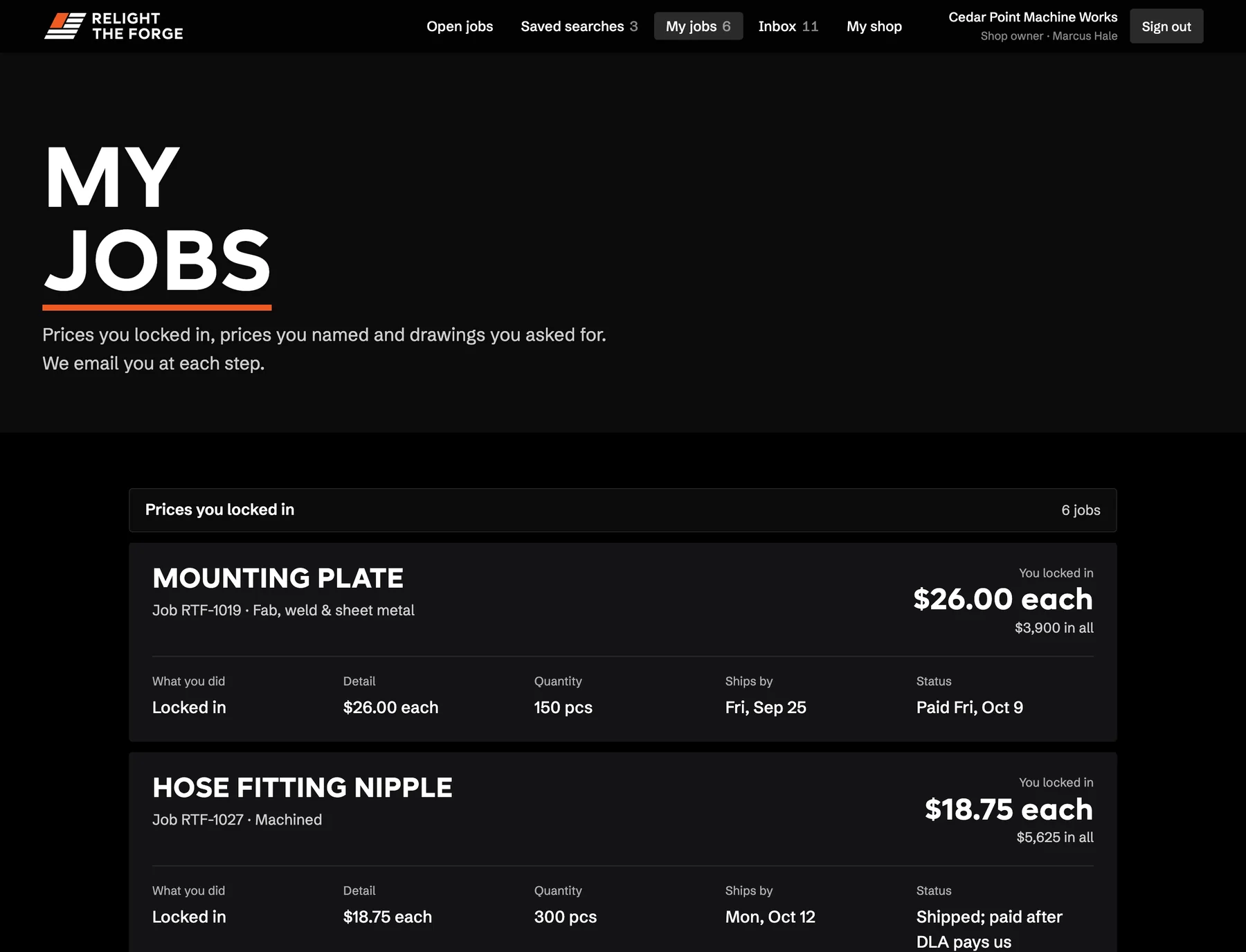 Mis trabajos: cada trabajo que el taller aseguró, con su precio, su cantidad y en qué va.