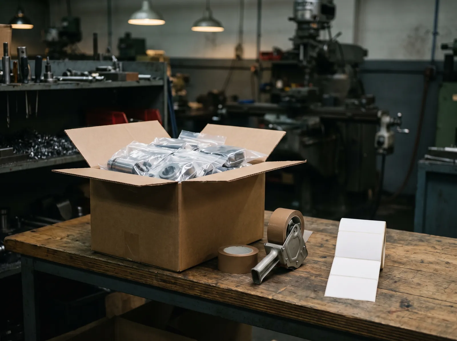 Piezas maquinadas selladas en bolsas transparentes y acomodadas en filas en una caja, sobre una mesa de empaque.