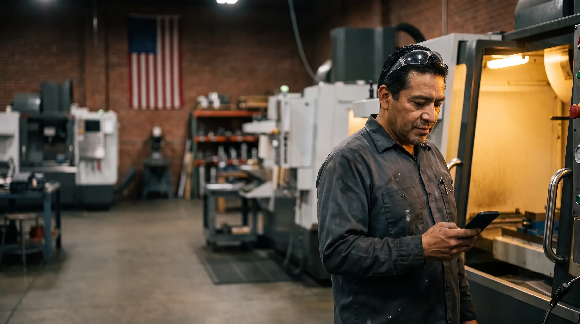 A machinist at his CNC machine checks his phone between parts, the shop running behind him.