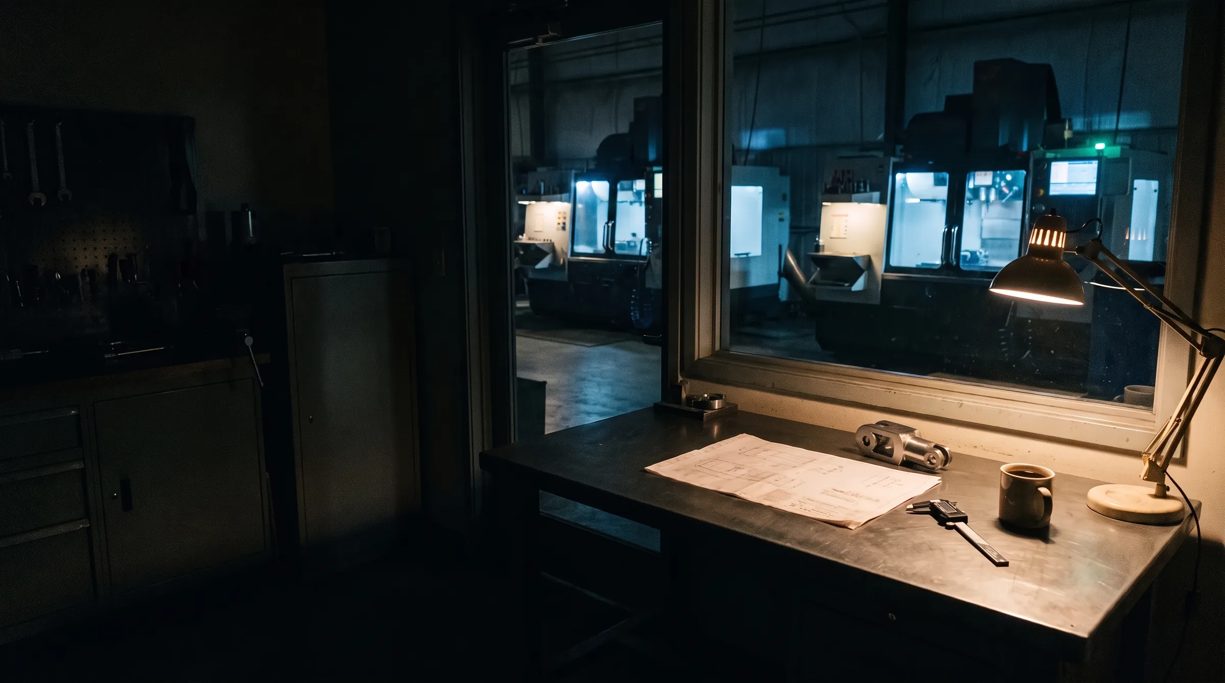 A machine shop office at dawn, a drawing and calipers on the desk and CNC machines lit beyond the window.