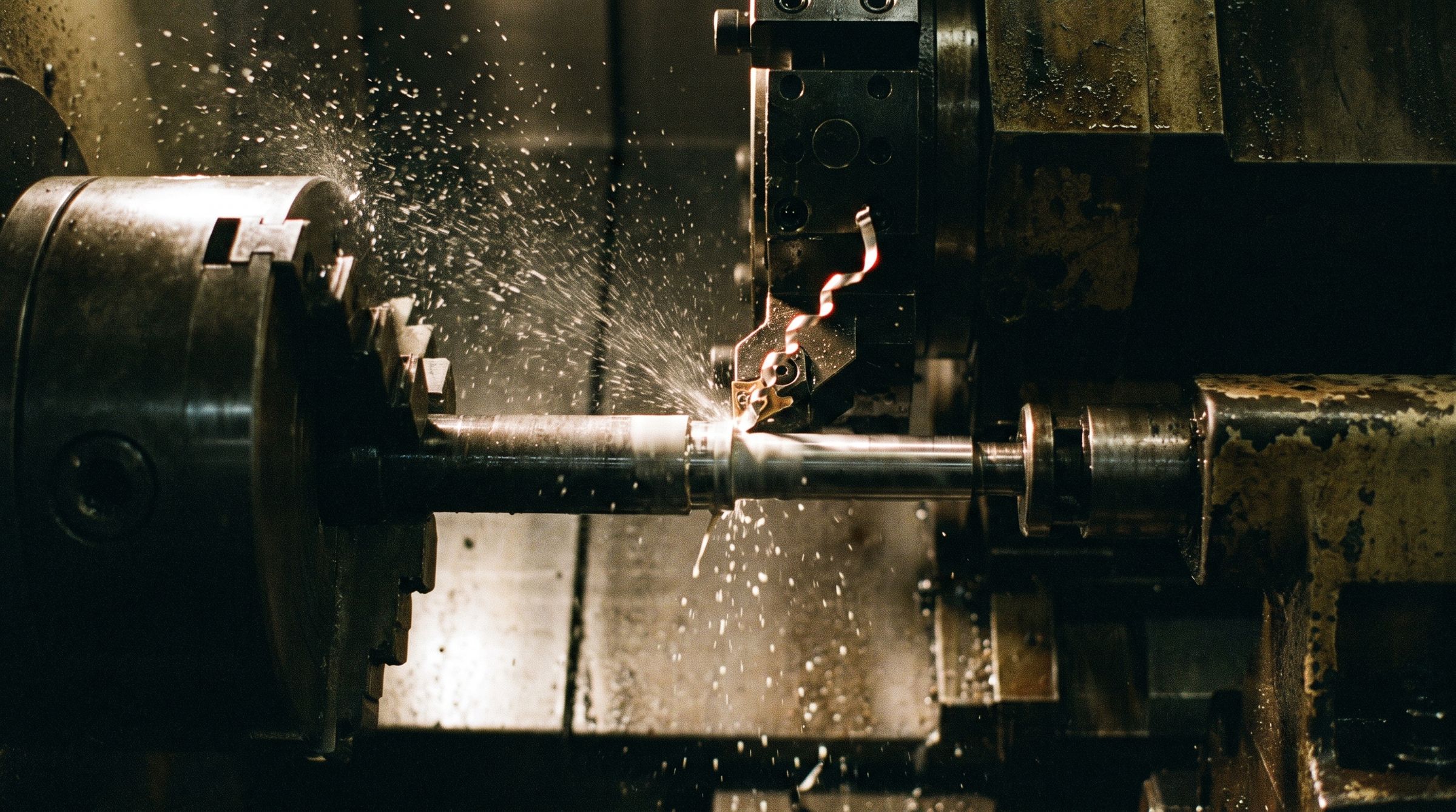 A CNC lathe turning a steel shaft, a bright chip curling off the tool.