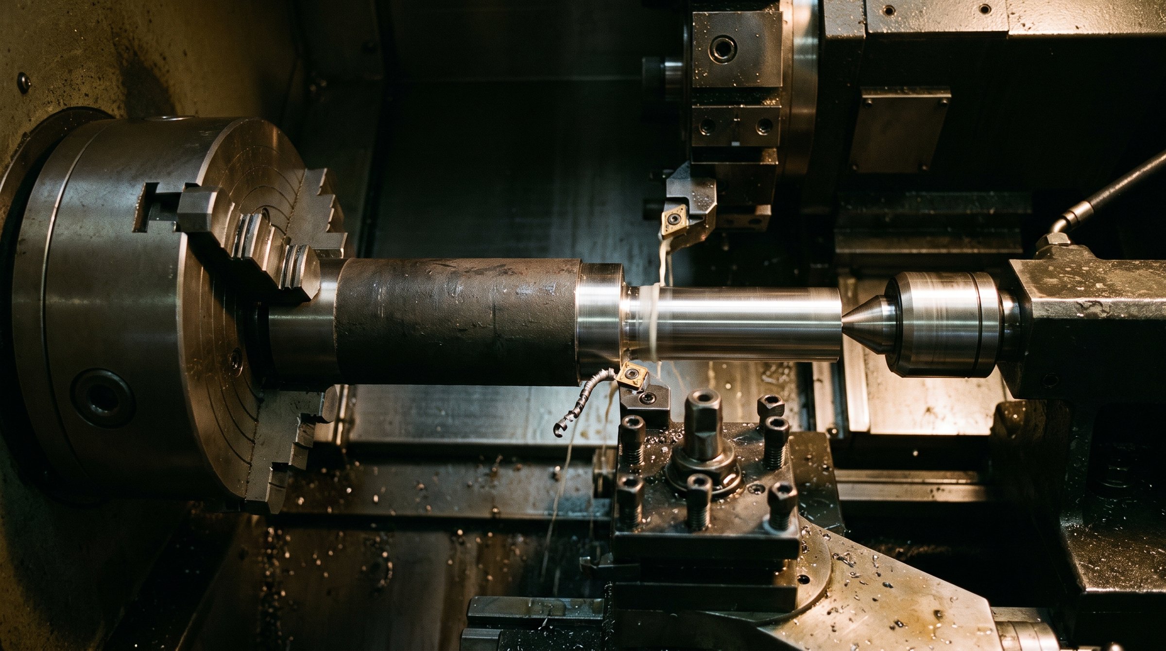 Un torno CNC torneando una flecha de acero.