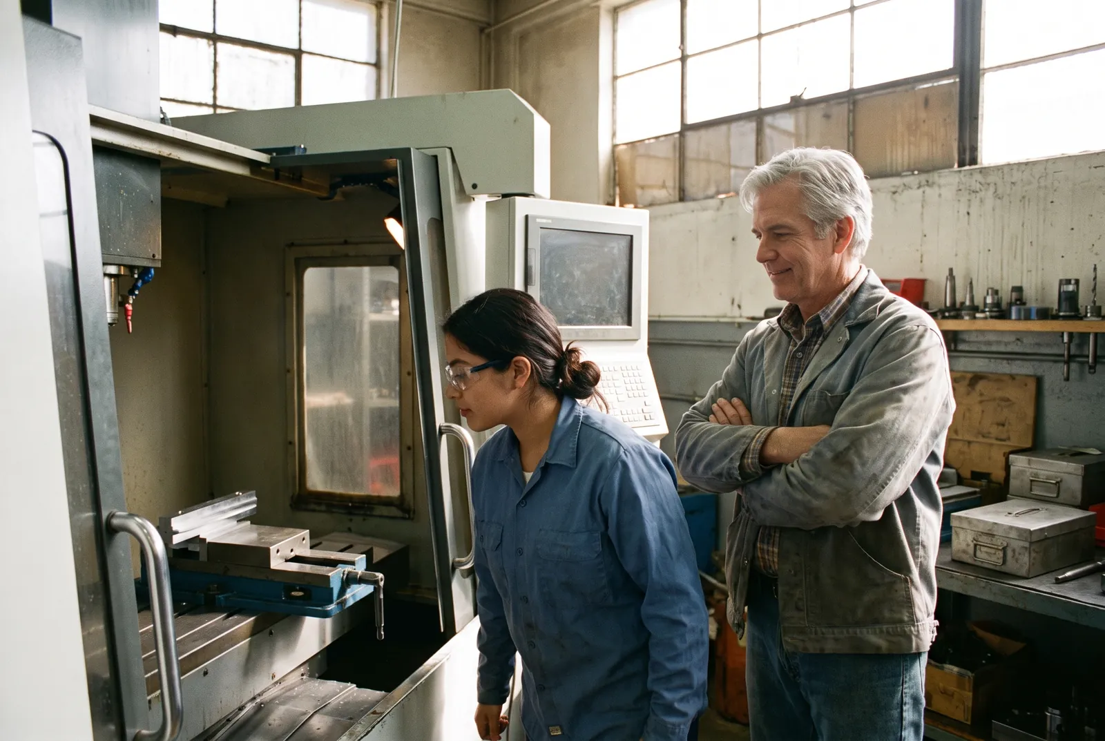 A young apprentice runs a CNC machine while an older machinist watches.