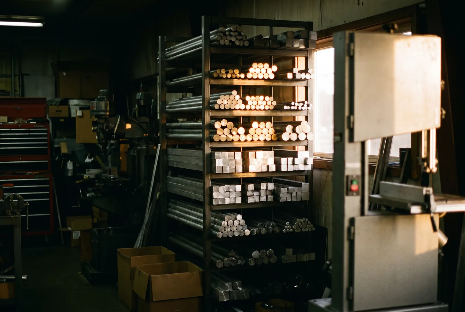 A rack of aluminum and steel bar stock in a machine shop.