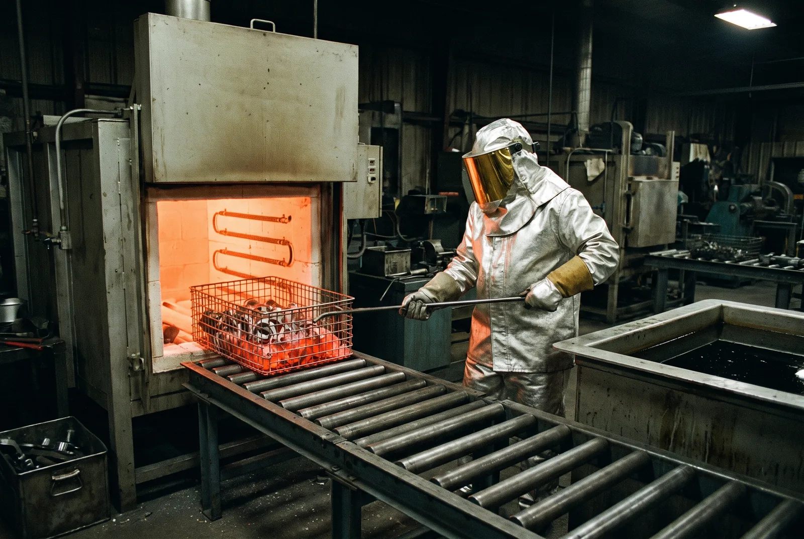 A basket of red-hot steel parts pulled from a heat treat furnace onto a roller conveyor.