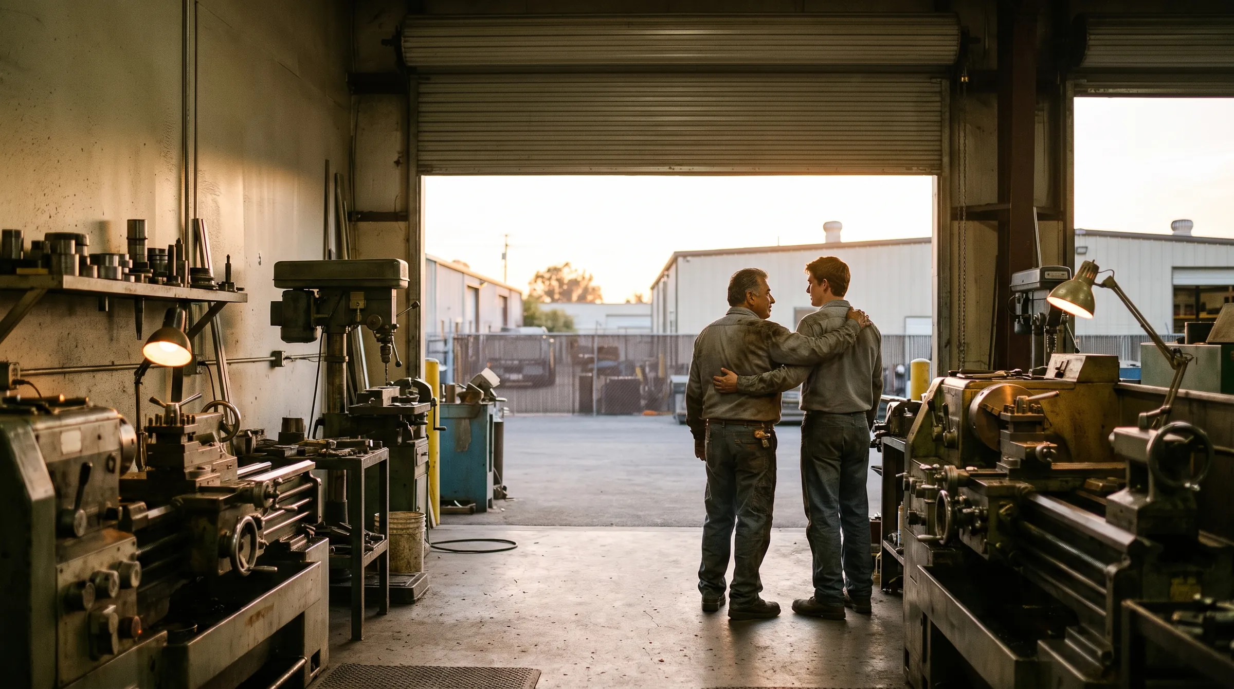 An older shop owner and a younger machinist stand in the open door of the shop at sunset.