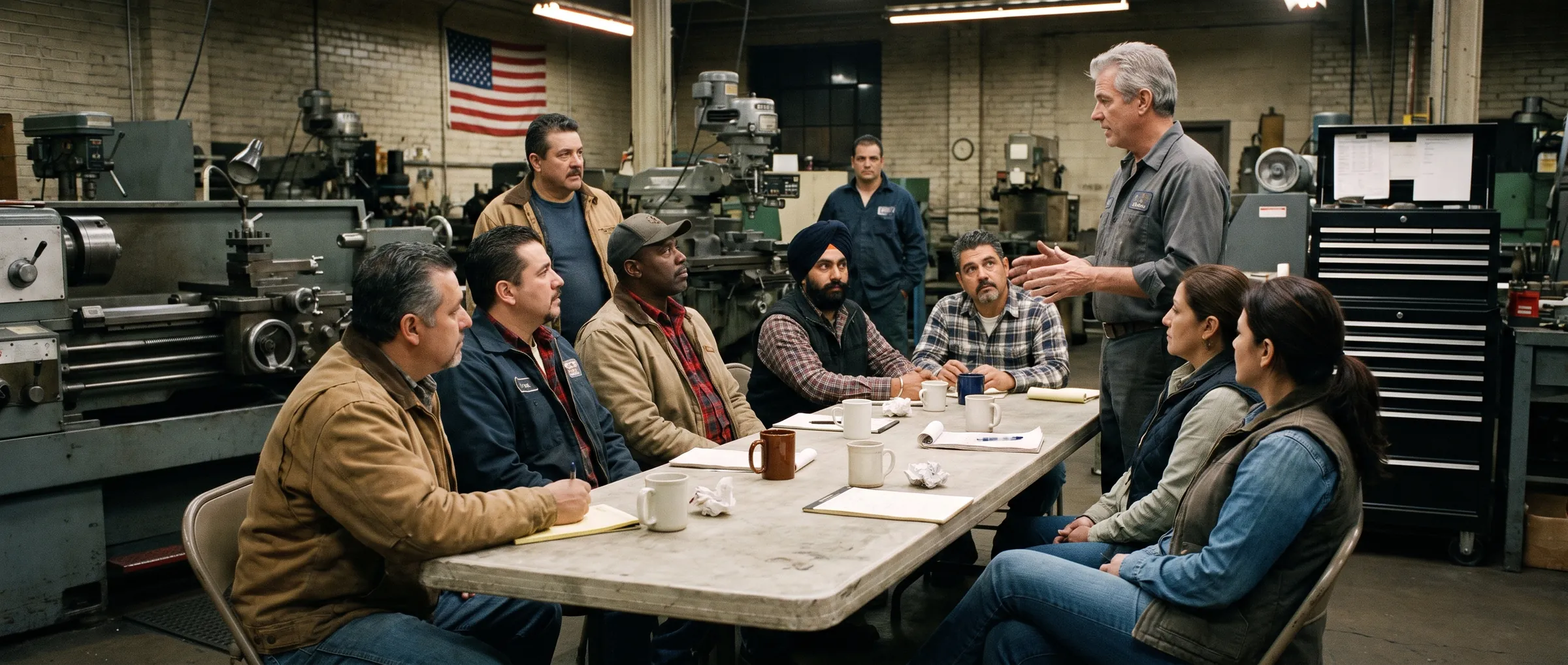 Shop owners around a long table in a machine shop after hours.