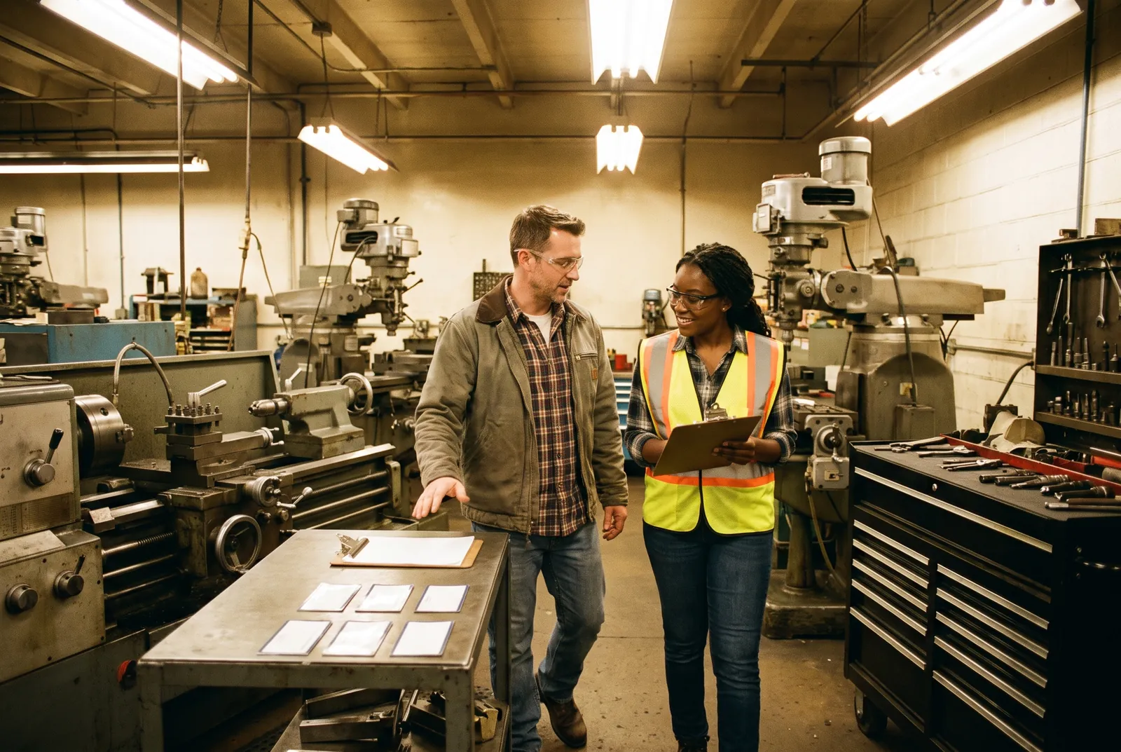 A shop owner walks a quality auditor through the shop floor.