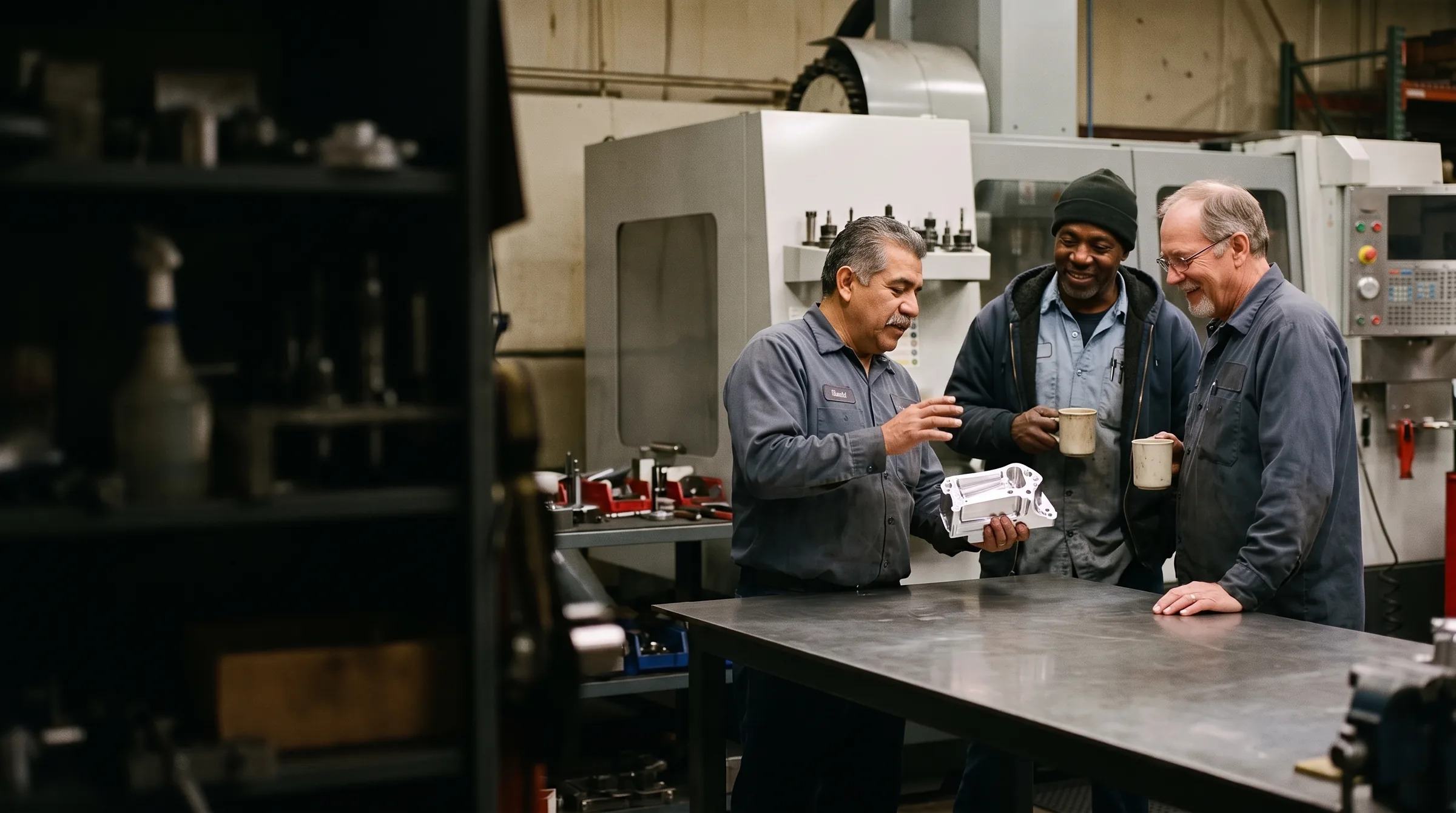 Three shop owners talk over a machined part at a workbench, coffee in hand.