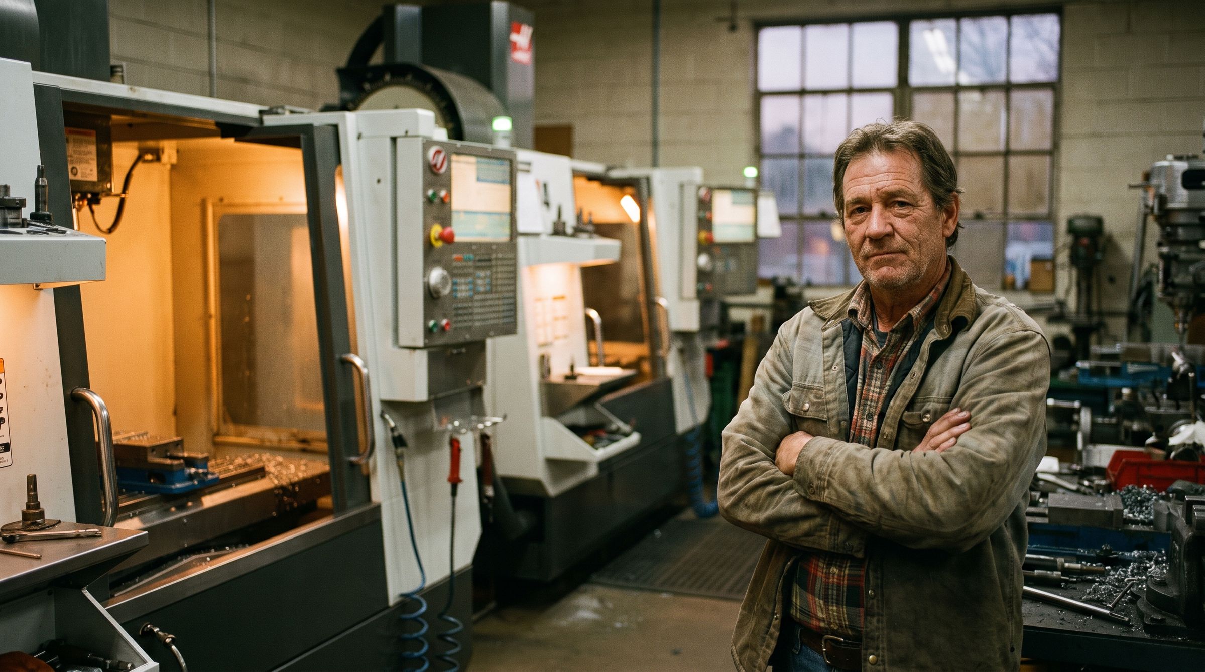 The owner of a small machine shop standing in front of his CNC machines at dusk.