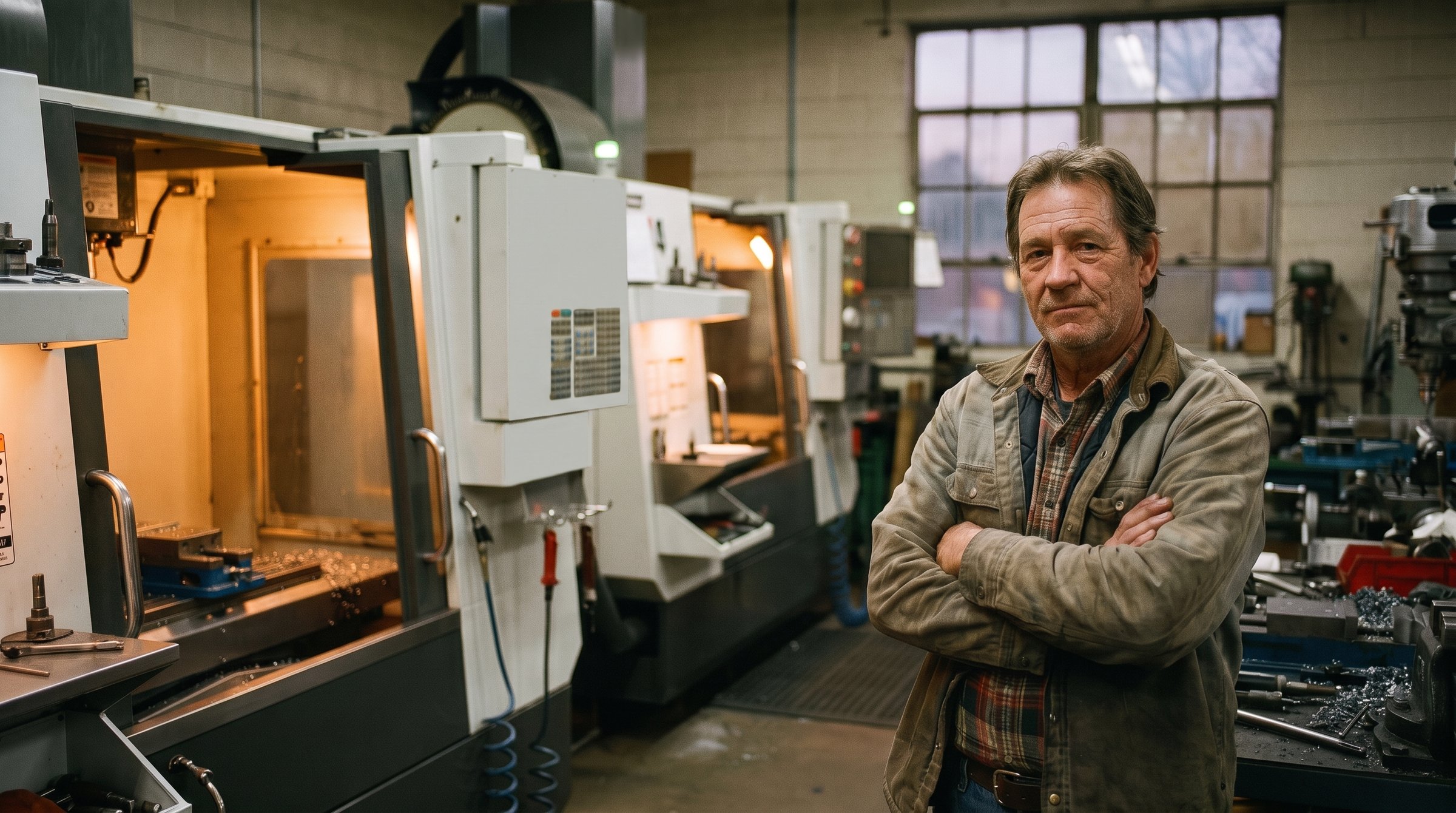 El dueño de un pequeño taller de maquinado, de pie frente a sus máquinas CNC al atardecer.
