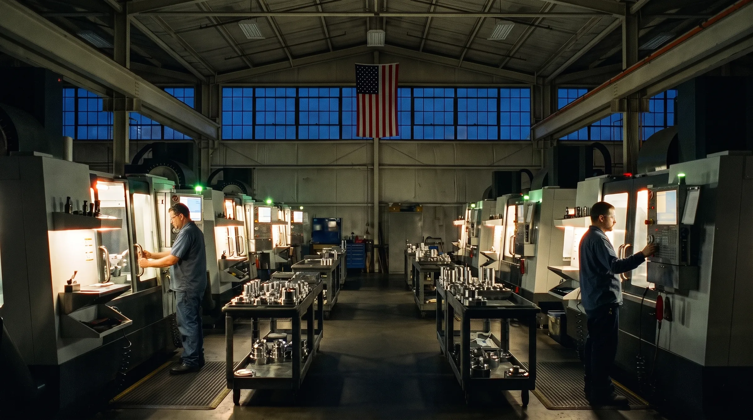 A machine shop running a night shift, rows of CNC machines lit and machinists at work.
