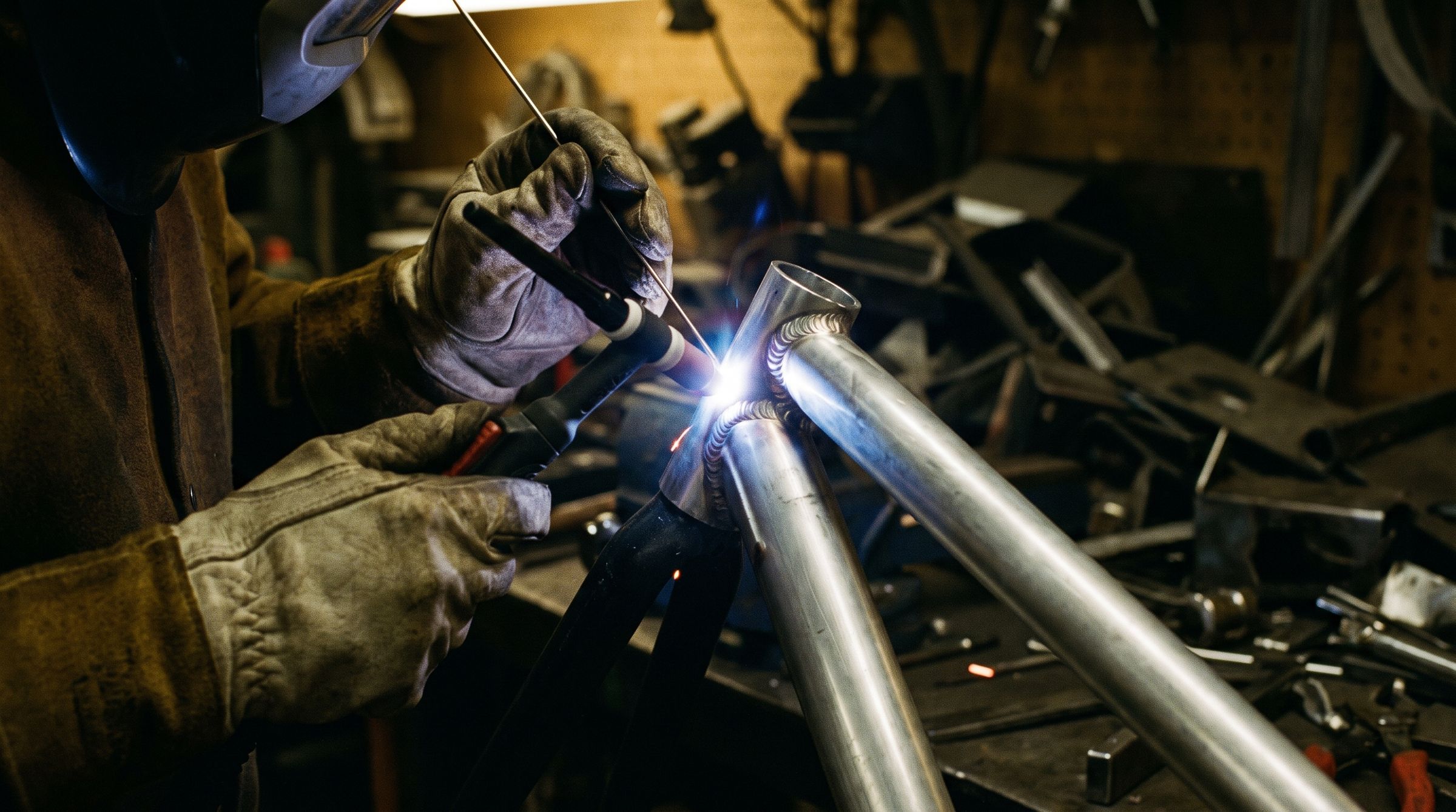 A welder TIG welding an aluminum frame joint.