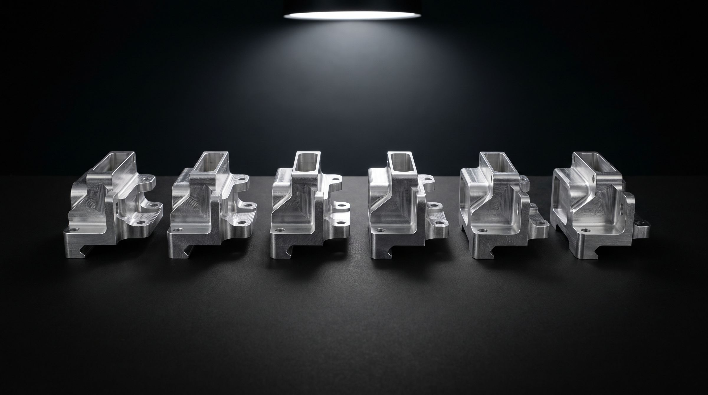 A row of identical precision-machined aluminum parts on a black surface.
