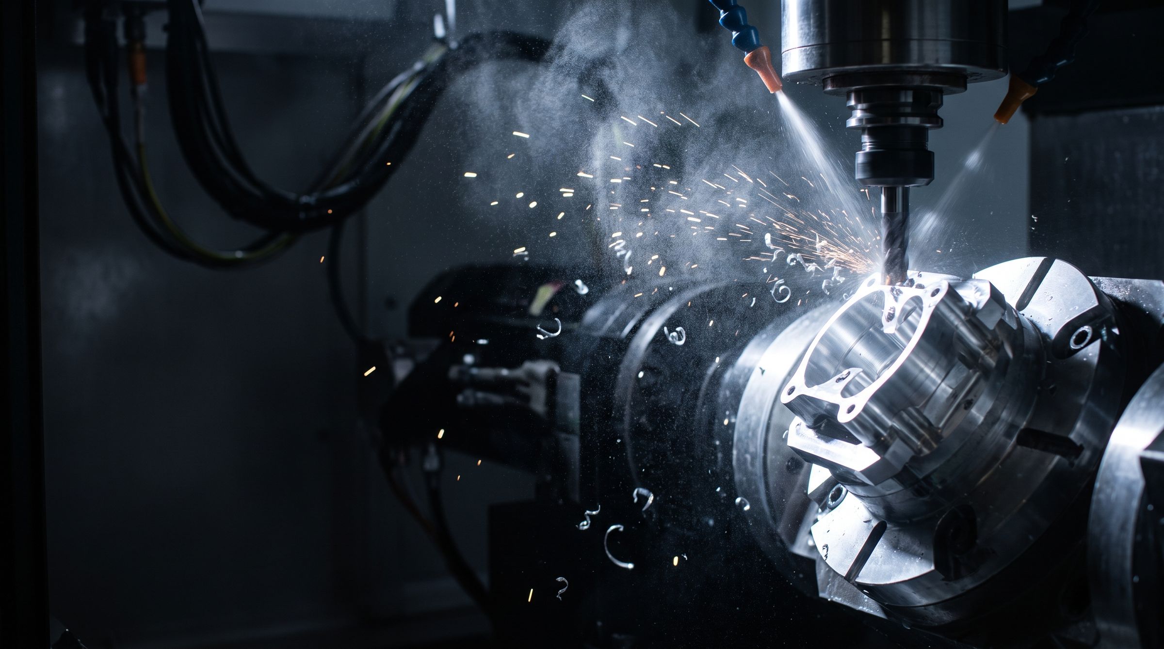 A five-axis CNC machine cutting an aluminum part under coolant spray.