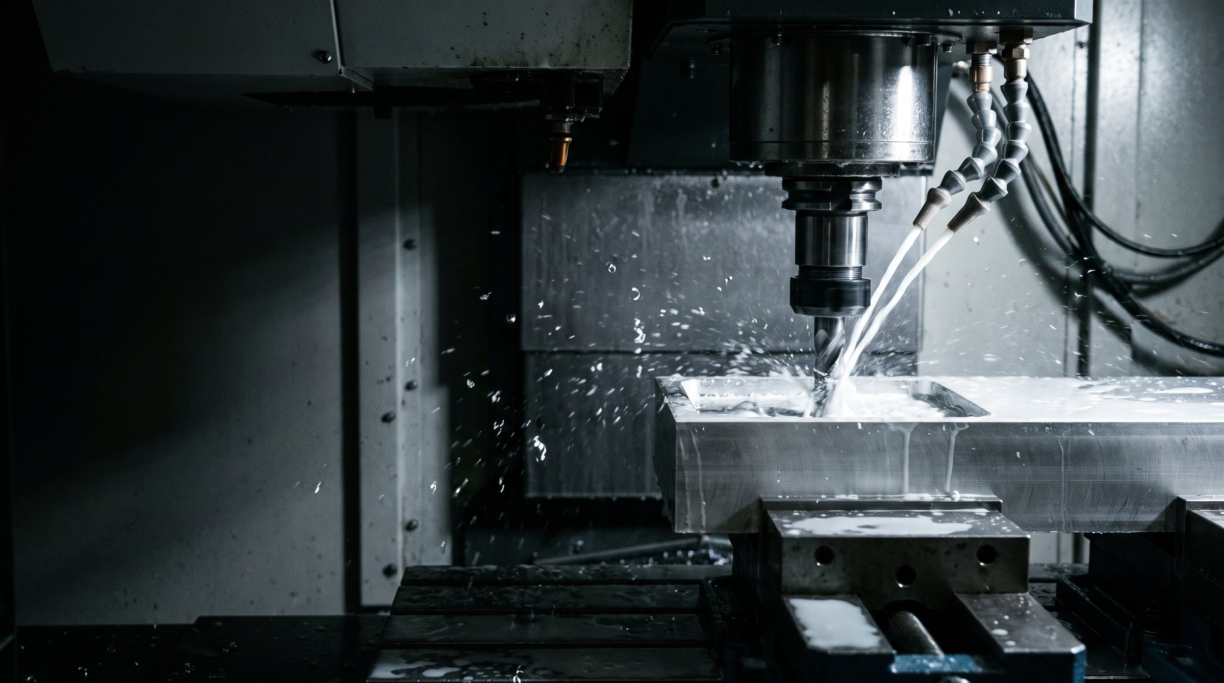 Una máquina CNC fresando una cavidad en un bloque de aluminio bajo refrigerante.