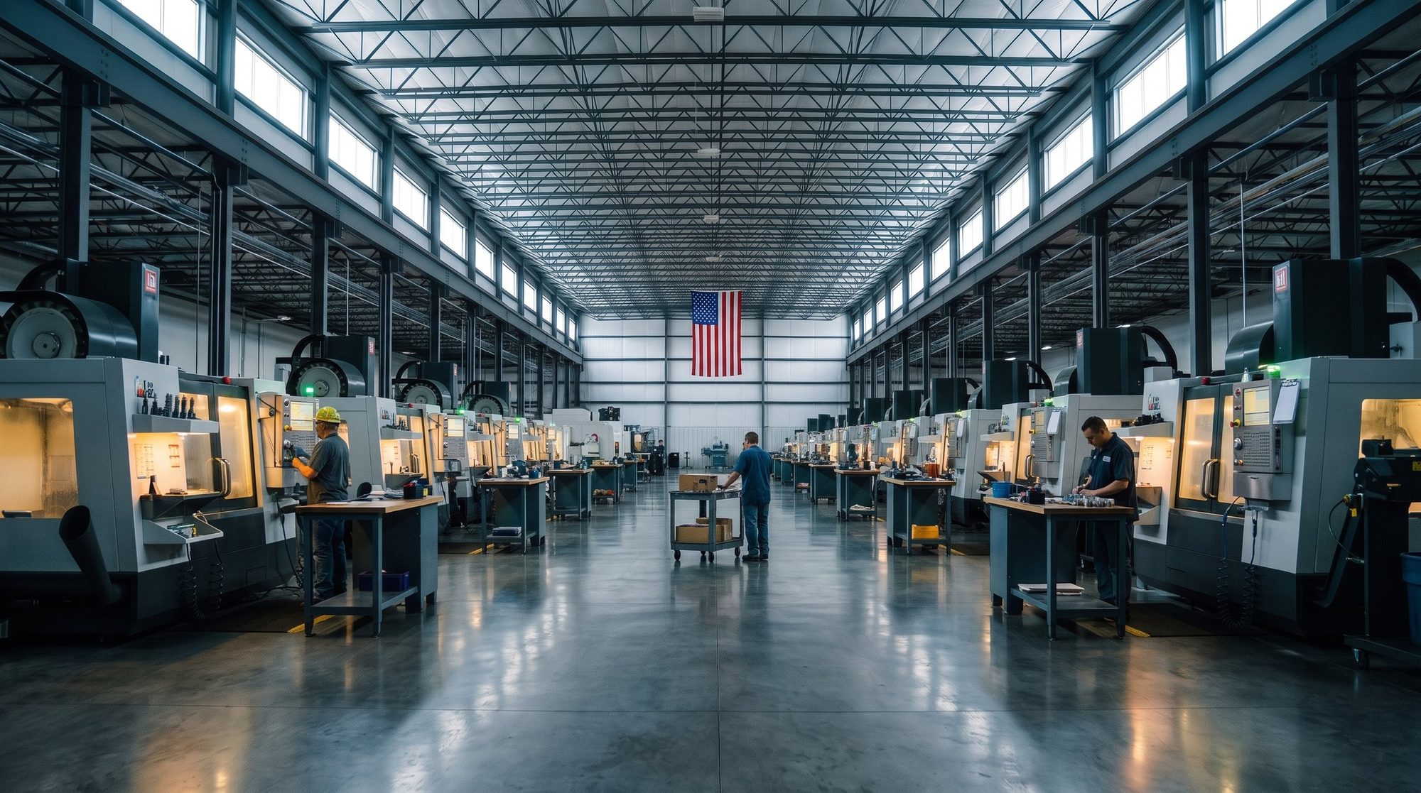 A long machine shop floor lined with CNC machines under an American flag.